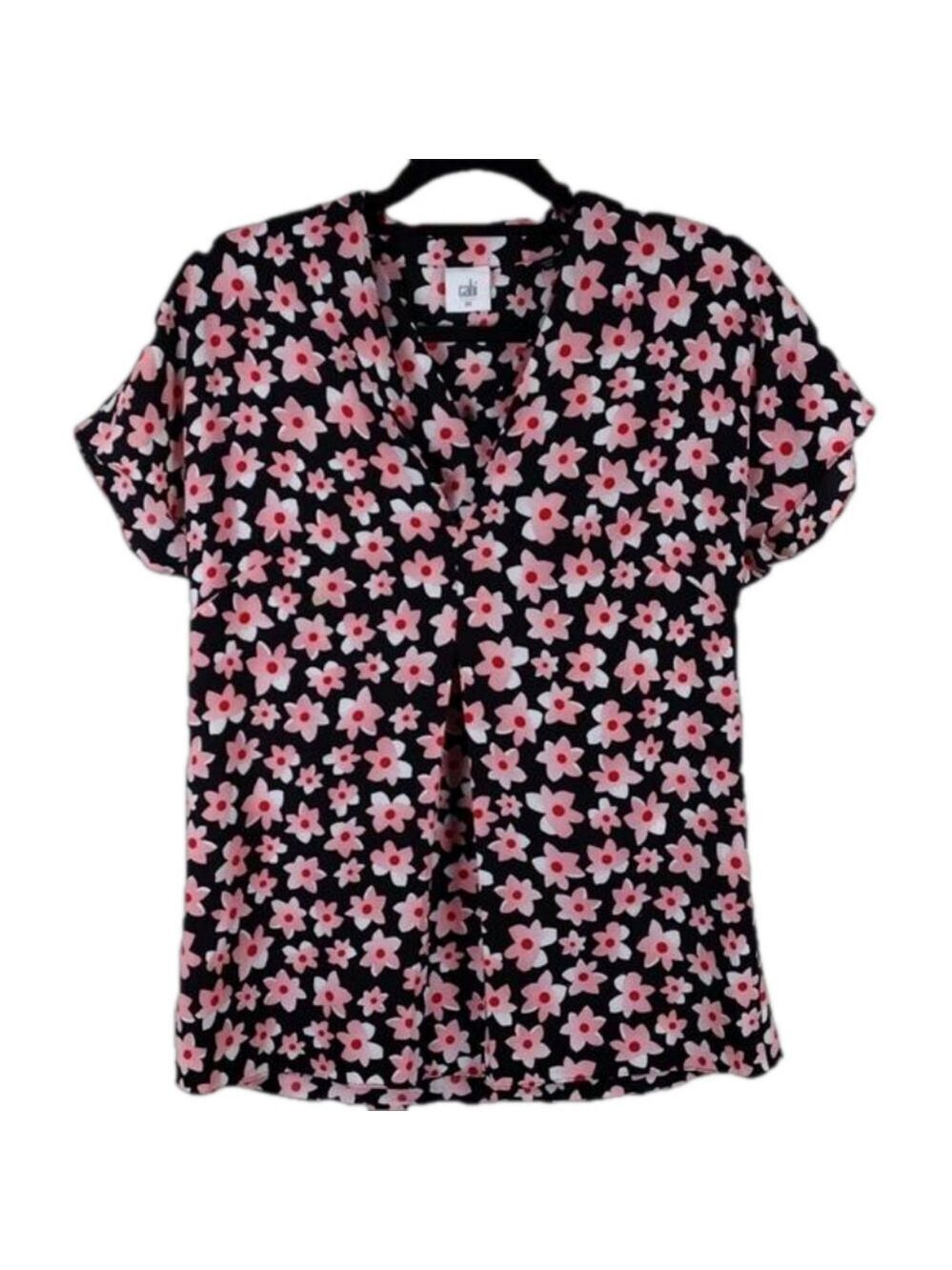 Cabi Black Pink Floral V-Neck Pleated Front Short Cap Sleeve Pullover Tunic Top